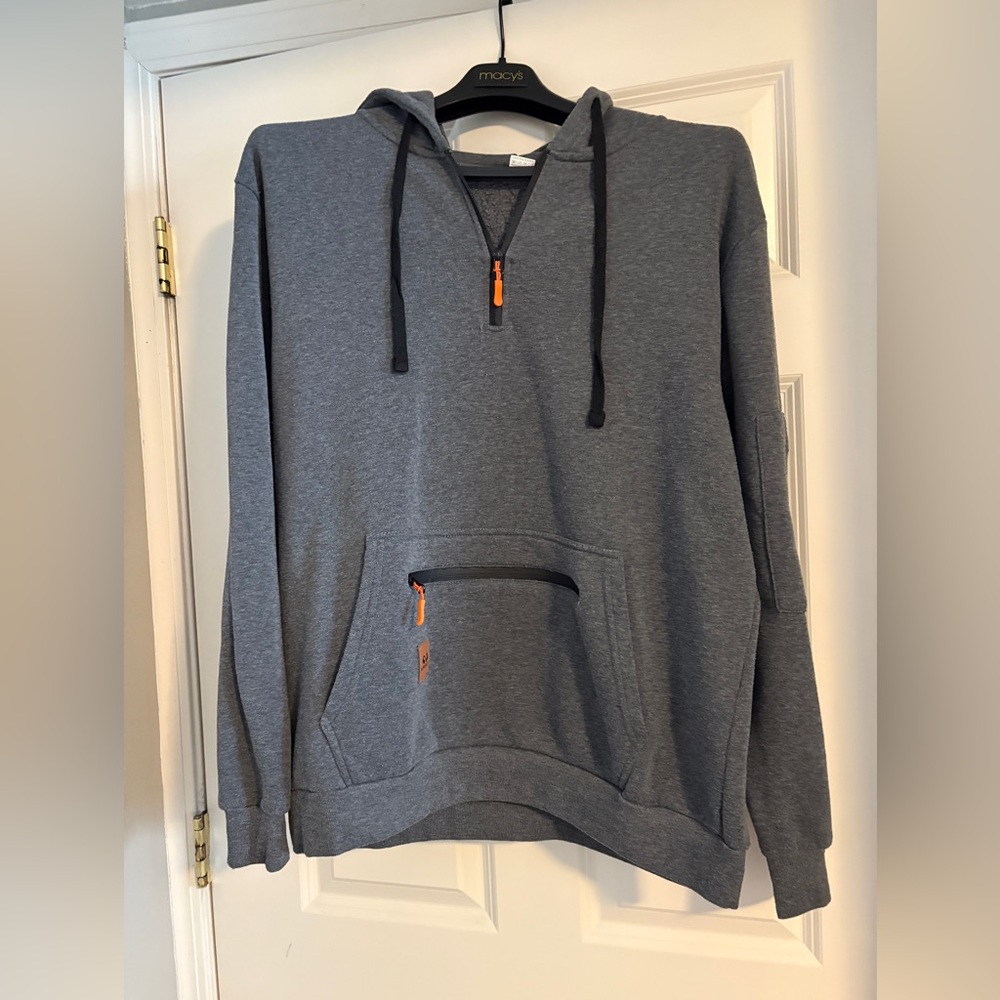 Gray Half-Zip Hoodie with Orange Accents